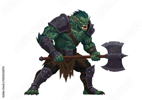 A menacing green Orc warrior brandishing a deadly double axe ready for battle