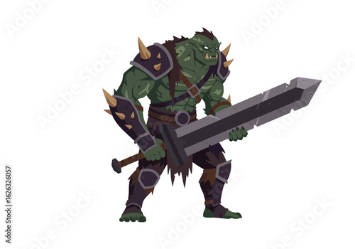 Hulking green orc warrior wielding a colossal sword clad in spiked armor poised for battle