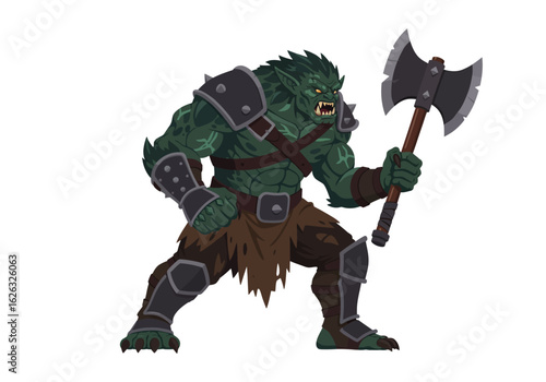 Orc warrior brandishes an axe ready to strike in pixelated detail