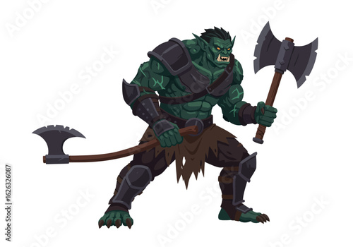 Green Orc Warrior wielding two axes ready for battle wearing armor