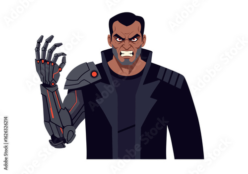 Angry cyborg villain gesturing okay with mechanical hand