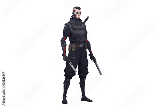 Cyberpunk Ninja Warrior Enhanced warrior stands ready with dual blades and robotic enhancements