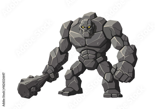 Stone golem warrior with glowing eyes and a stone club stands ready for battle