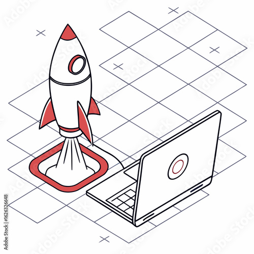 Rocket launching from laptop on isometric grid