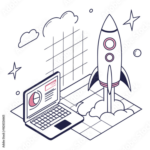 Rocket launch and laptop data analysis illustration