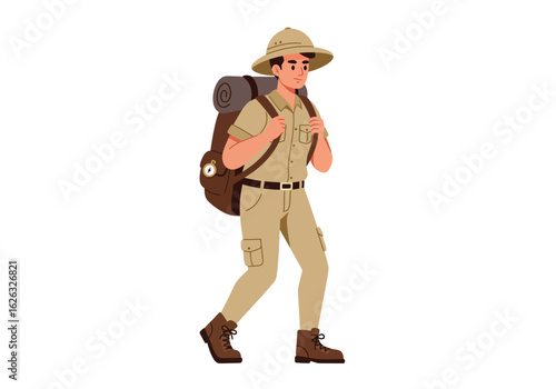 Hiker in khaki gear and pith helmet trekking with backpack and boots