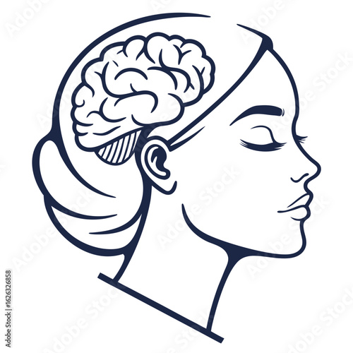Stylized outline of a woman s head with visible brain