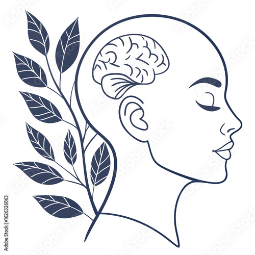 Stylized profile of a woman s head with a brain and leafy branch