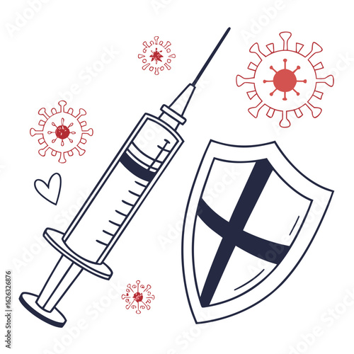 Syringe shield and virus icons symbolizing vaccination and protection