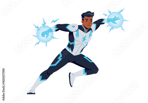 Electric hero poised unleashing energy spheres in dynamic action pose