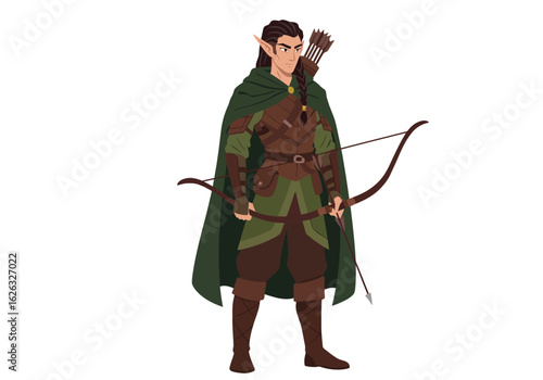 Elven archer with bow and arrows green cloak brown armor and braided hair