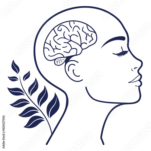 Woman s profile with brain and leafy branch illustration