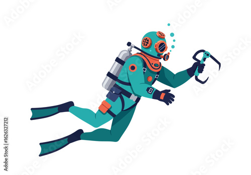 DeepSea Diver Armed with Grappling Hook Swims in Teal Depths