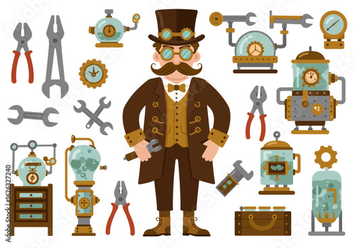 Steampunk Inventors Array A moustached figure surrounded by tools gadgets and scientific apparatus