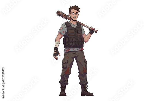 Postapocalyptic survivor standing wielding a spiked baseball bat