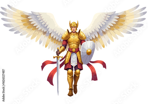 Goldarmored angel wielding a sword and shield stands against a stark white background