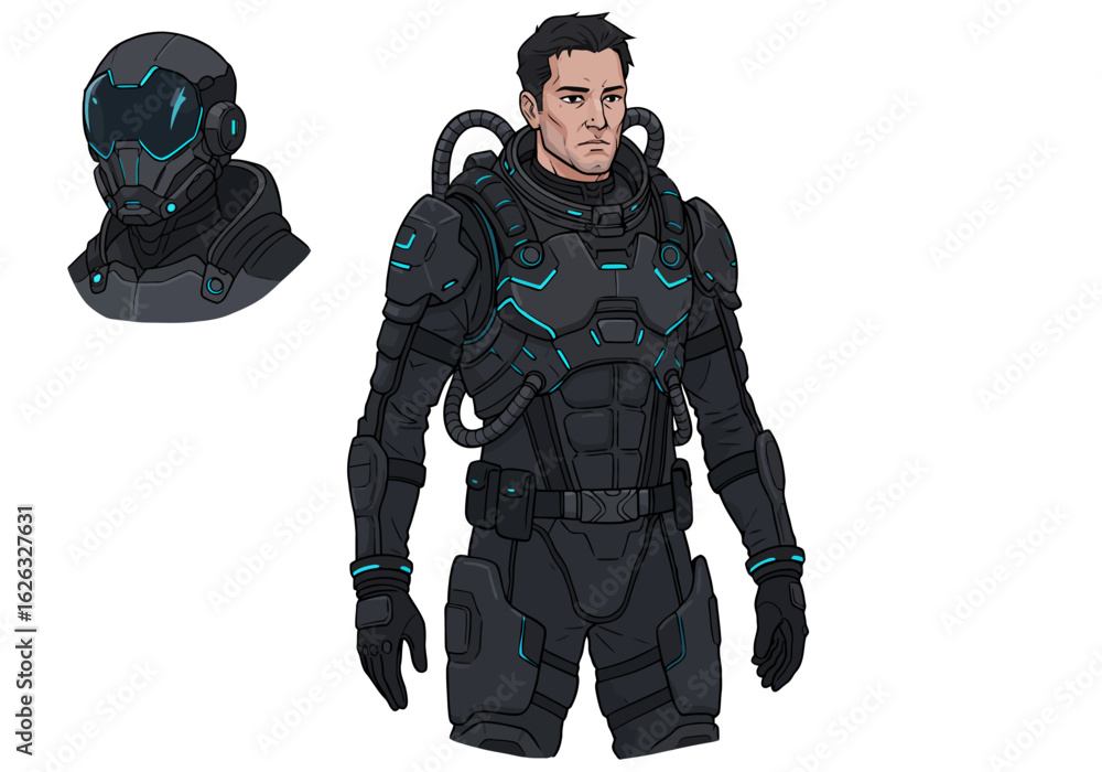 Fototapeta premium SciFi Warrior Armored man with a detailed helmet in sleek black armor with bright blue accents