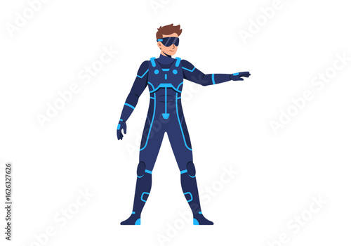 Scifi hero stands futuristic suit glowing pointing onward with determination