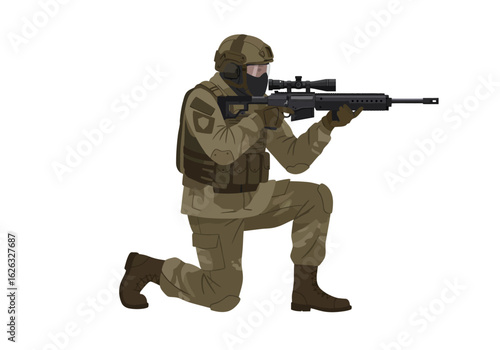 Camo sniper kneels sights a distant foe in muted earth tones