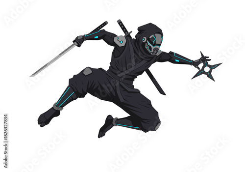Cyberpunk ninja leaps weapon ready shadowed in techinfused garb