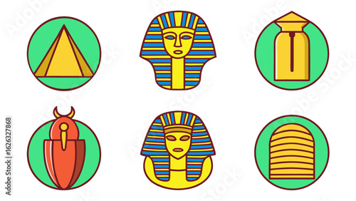 Collection of egyptian icons featuring pharaohs pyramids scarab and hieroglyphs