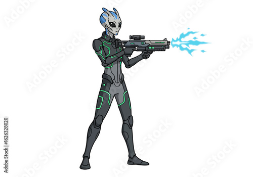 A blue alien in a gray suit fires a blue energy weapon against a white background