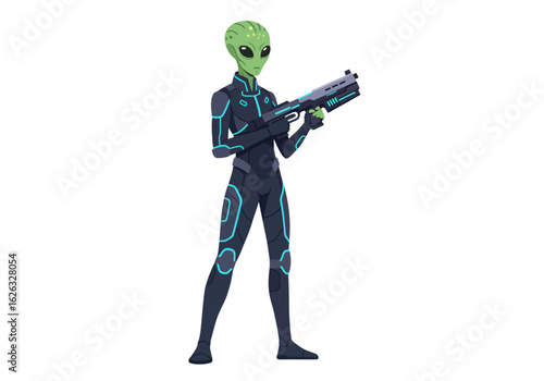 Alien warrior greenskinned humanoid with laser rifle in futuristic suit