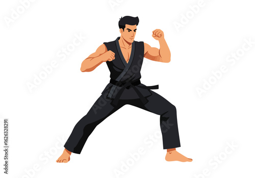 Karate master in black gi poised  ready for combat