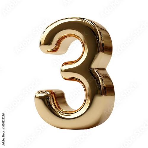 3d render of golden number 3 with shiny metallic finish
