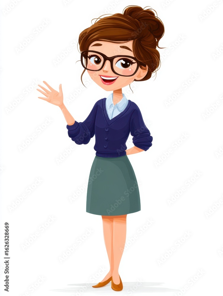 Cartoon female teacher welcoming students Cartoon female teacher welcoming students
