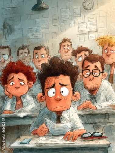 Cartoon exam scene with students sweating and nervous 
