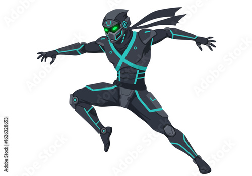 Cybernetic ninja in midleap masked with glowing green eyes embodying futuristic stealth and agility