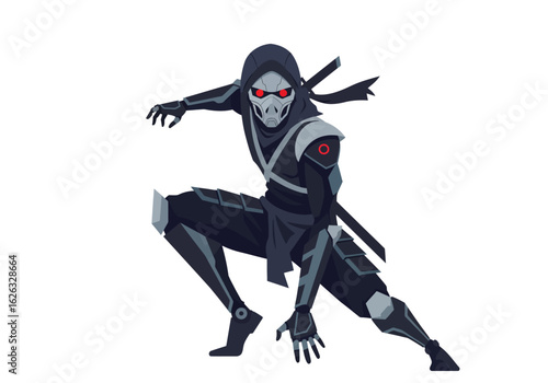 Cybernetic ninja with glowing red eyes crouches in the shadows