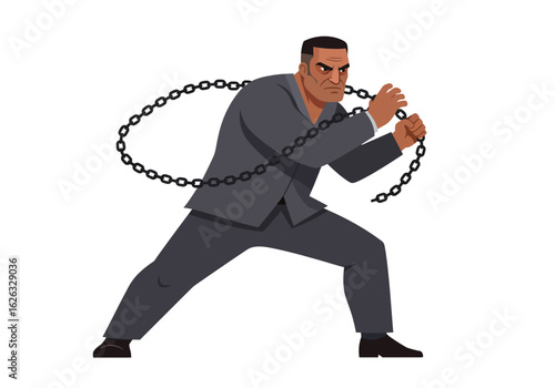 Determined man in suit breaks free from chains symbolizing strength  overcoming adversity