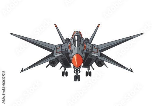 Striking frontal view of a gray and orange fighter jet ready for takeoff