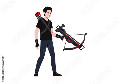Angry archer in black holds a crossbow arrows on his back ready for a fight