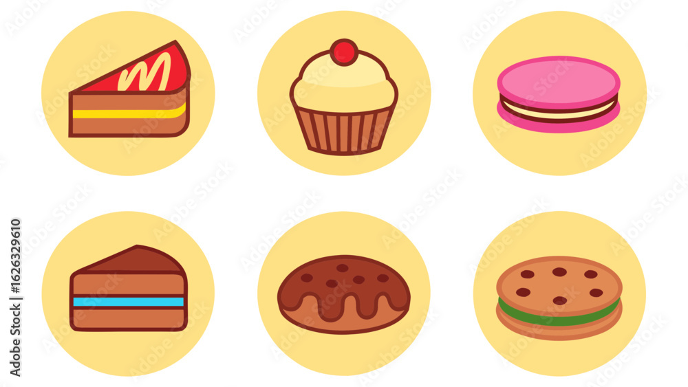 Collection of six delicious sweet dessert icons in yellow circles Collection of six delicious sweet dessert icons in yellow circles