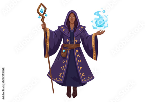 Enigmatic Wizard casting a spell mystical staff in hand adorned in purple robes with arcane symbols