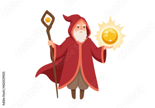 Wise wizard casts a spell staff in hand radiant orb glows