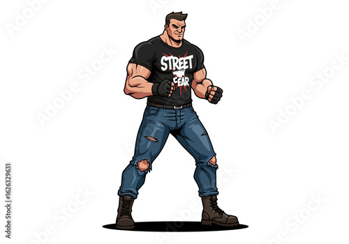 Street Fighter Muscular man ready to brawl in tattered jeans  boots