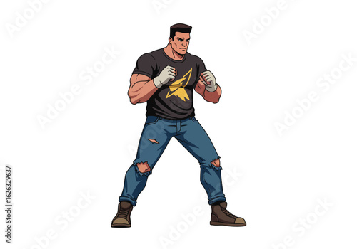 Muscular fighter stands ready clad in ripped jeans and a logo tee