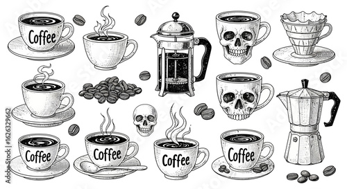 Line Art Vector SVG Illustration of Coffee Cups Skulls and Coffee Maker in Minimalist Style for Digital Design
