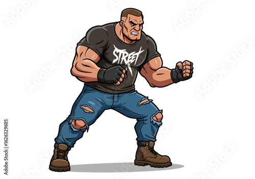 Street fighter in ripped jeans ready to brawl with clenched fists and determined glare
