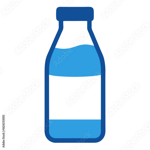 Simple flat design illustration of a blue glass bottle filled with clear blue liquid and a black label