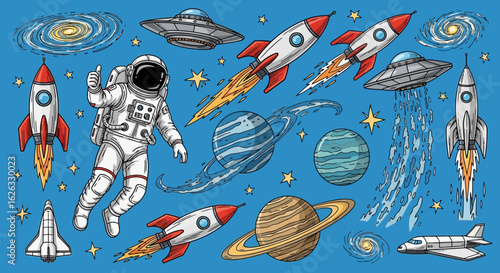 Vector Illustration SVG Space Scene with Rockets Planets Astronaut and UFO in Flat Geometric Style for Digital Design