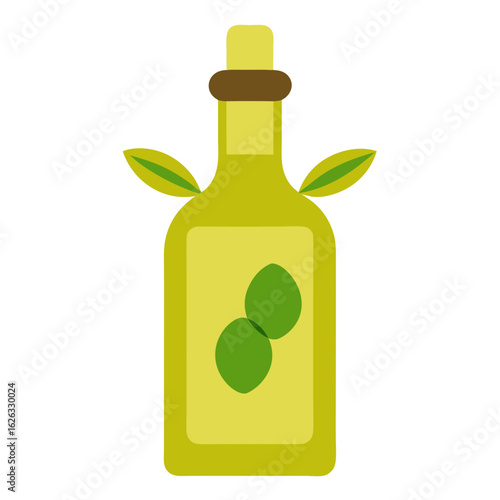 Stylized illustration of a bottle of olive oil with green olives and leaves symbolizing natural ingredients
