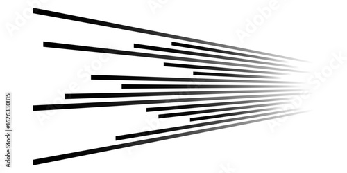 Dynamic 3D lines in perspective. Vanishing, diminishing lines, stripes. Spatial streaks, strips abstract geometric vector