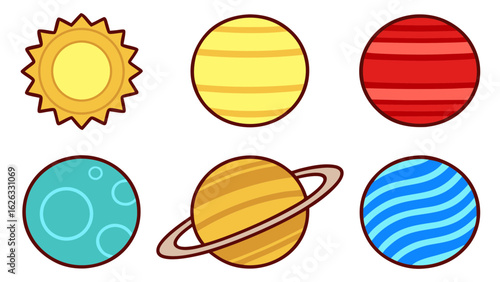 Cute cartoon planets and sun in space illustration