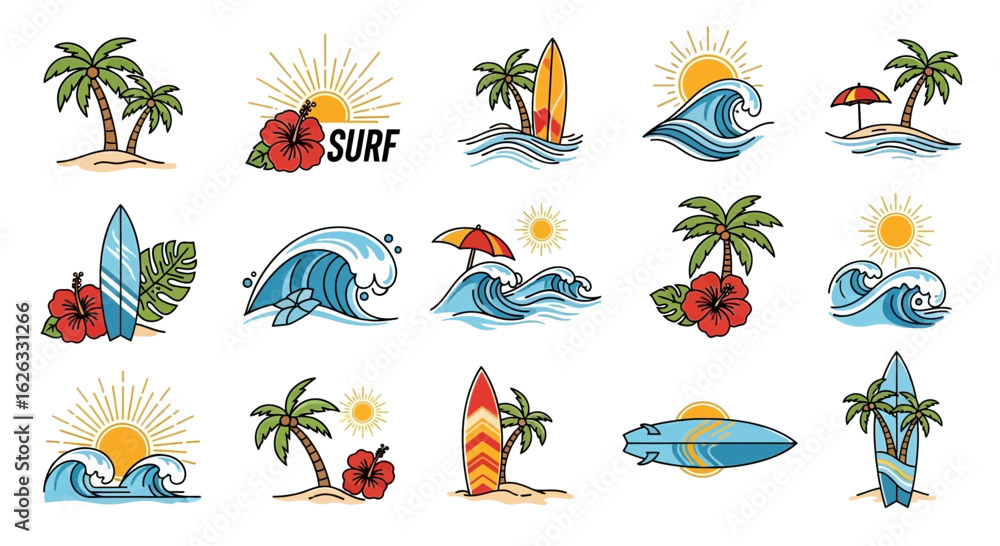 Obraz premium Vector SVG Illustration Set with Beach Island Palm Trees Surf Waves Sun and Hibiscus in Flat Style Bright Colors
