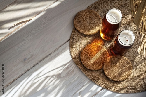 Blank White Two Beer Coasters Mockup Blank Round Rug Beverage Mock Up Empty Bottle Coaster Lying